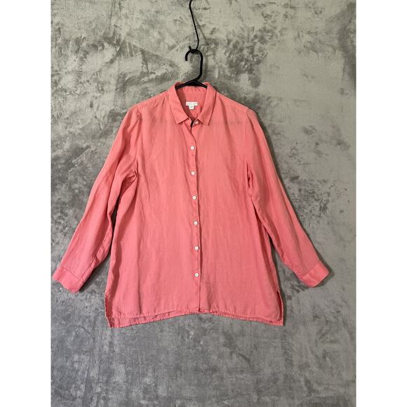 J Jill Love Linen Blouse Shirt Coral Womens Sz Medium Long Sleeve Classic - Picture 2 of 10